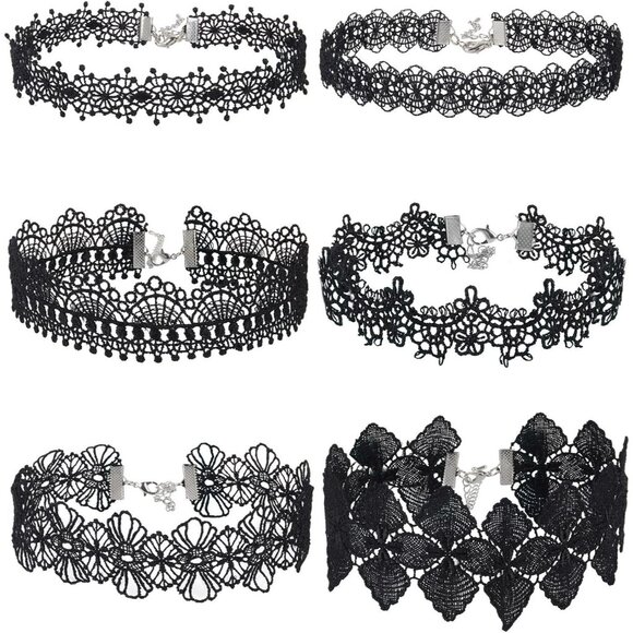 Chic 6-Piece Gothic Lace Choker Set - Essential Black Necklaces for Fashionistas - Picture 1 of 7